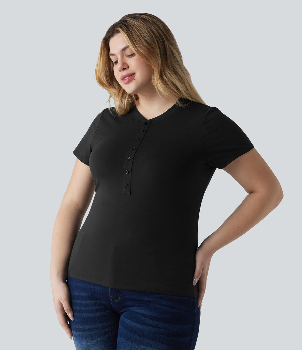 T-shirt Halara grande taille décontracté en jersey de coton, col Henley ultra-ajusté, manches courtes