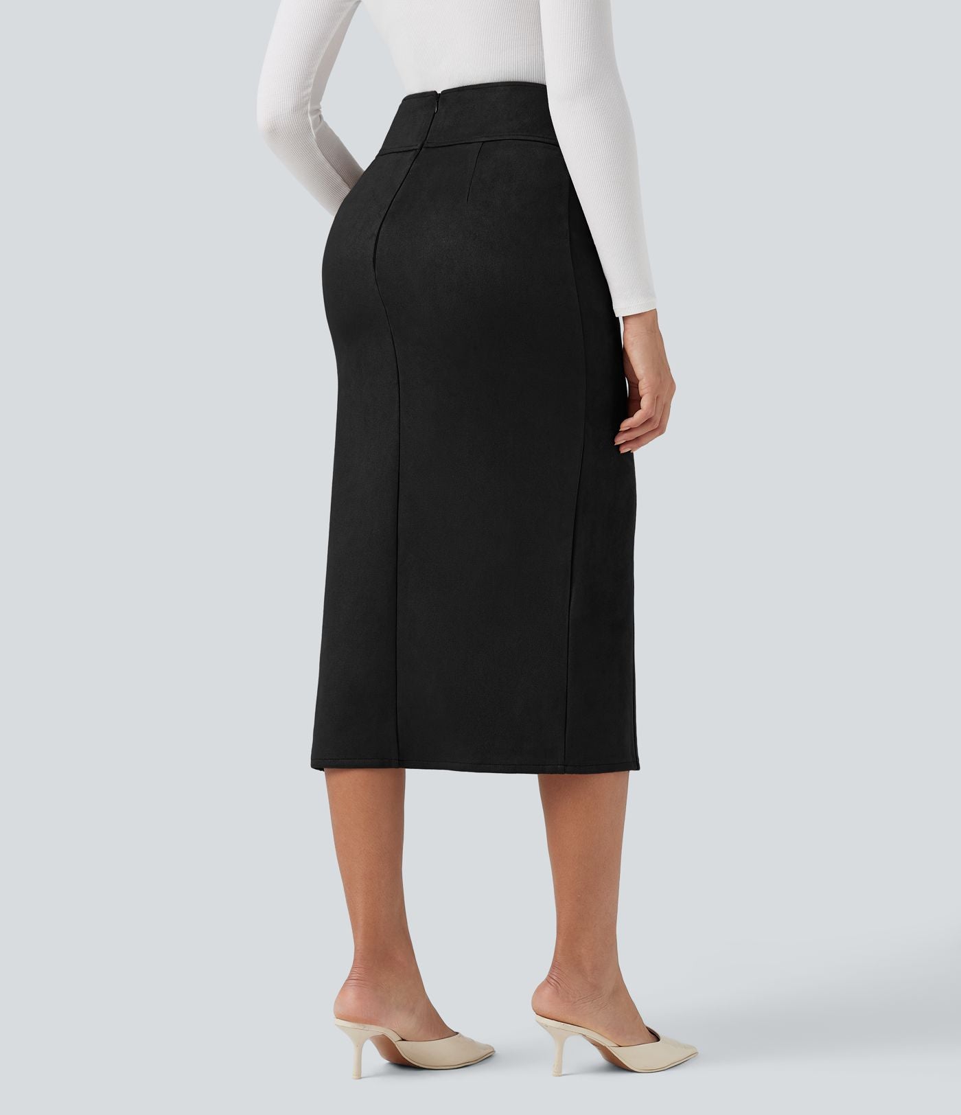 Jupe midi moulante en daim taille haute