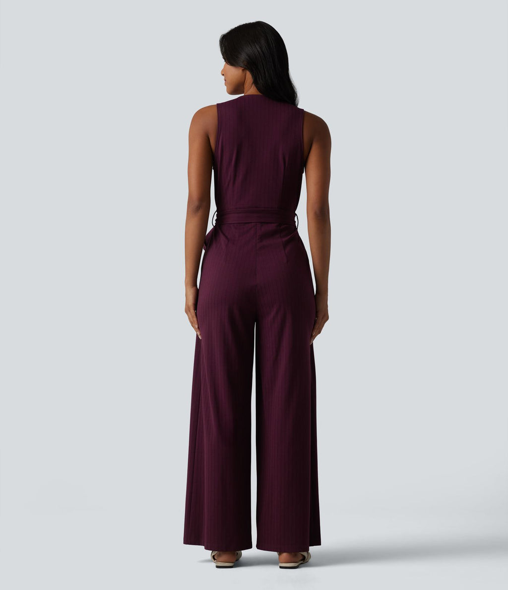 Combinaison tailleur sans manches à col V, ceinturée, avec zip invisible, rayures et effet frais avec poches, accès facile Easy Peasy