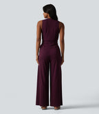 Combinaison tailleur sans manches à col V, ceinturée, avec zip invisible, rayures et effet frais avec poches, accès facile Easy Peasy