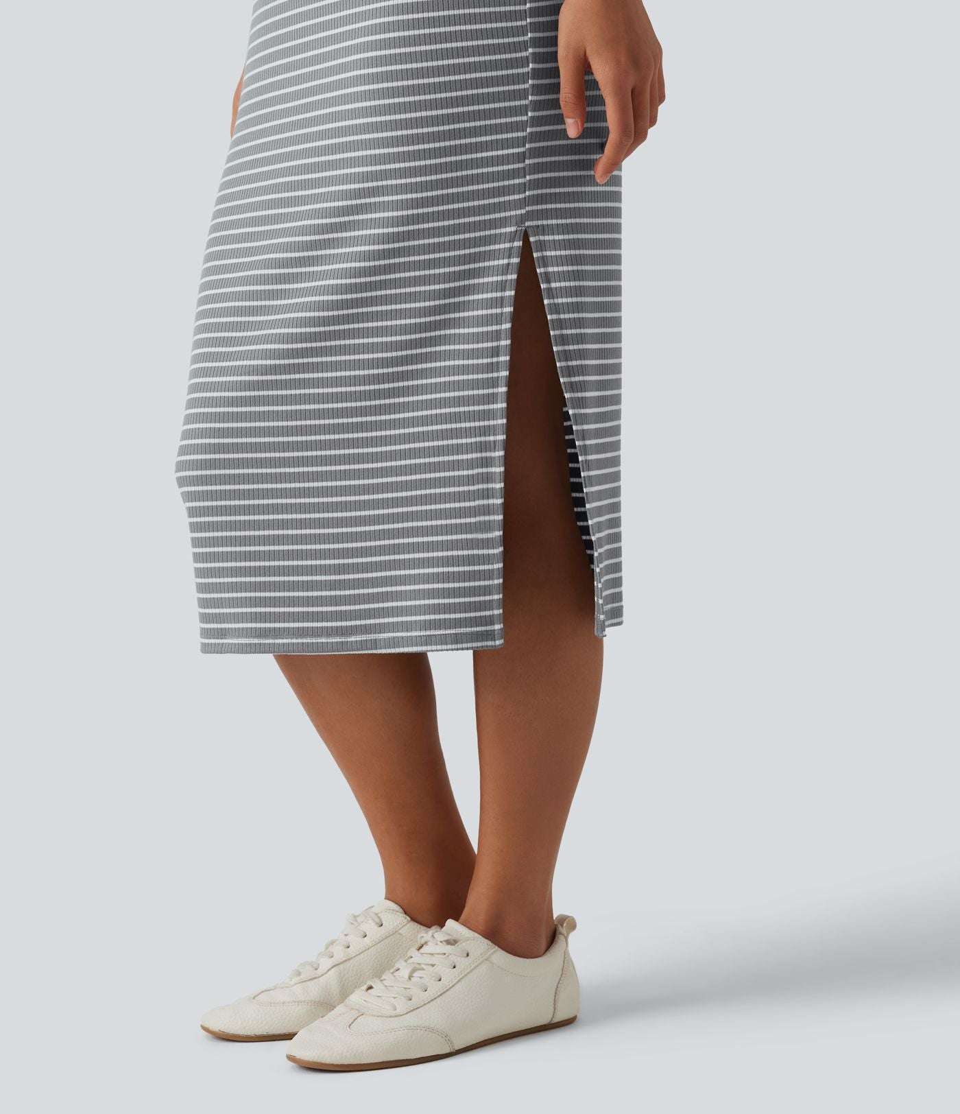 Robe midi moulante casual col rond sans manches à rayures