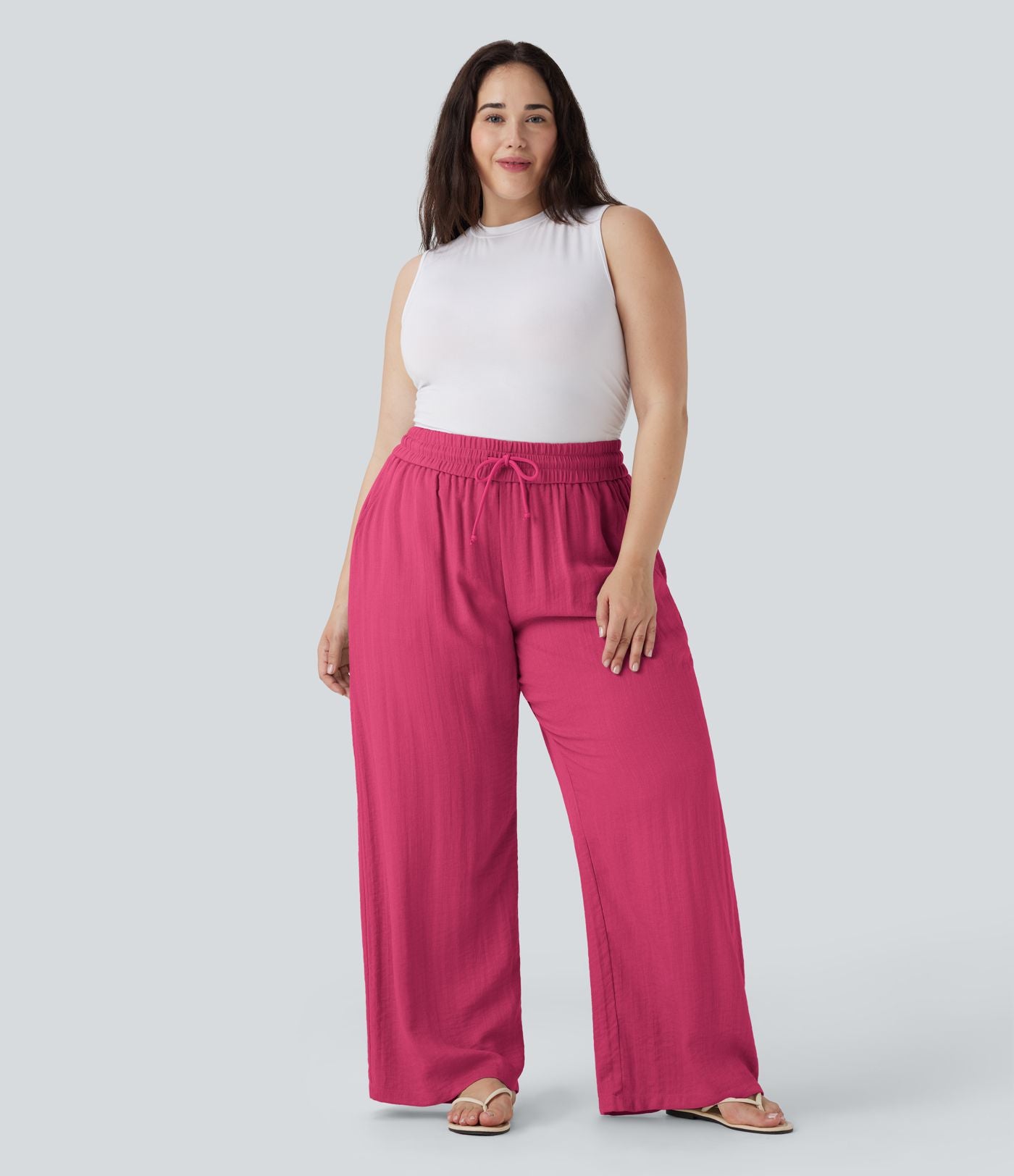 Pantalon décontracté grande taille large fluide taille haute effet lin avec cordon de serrage et poches
