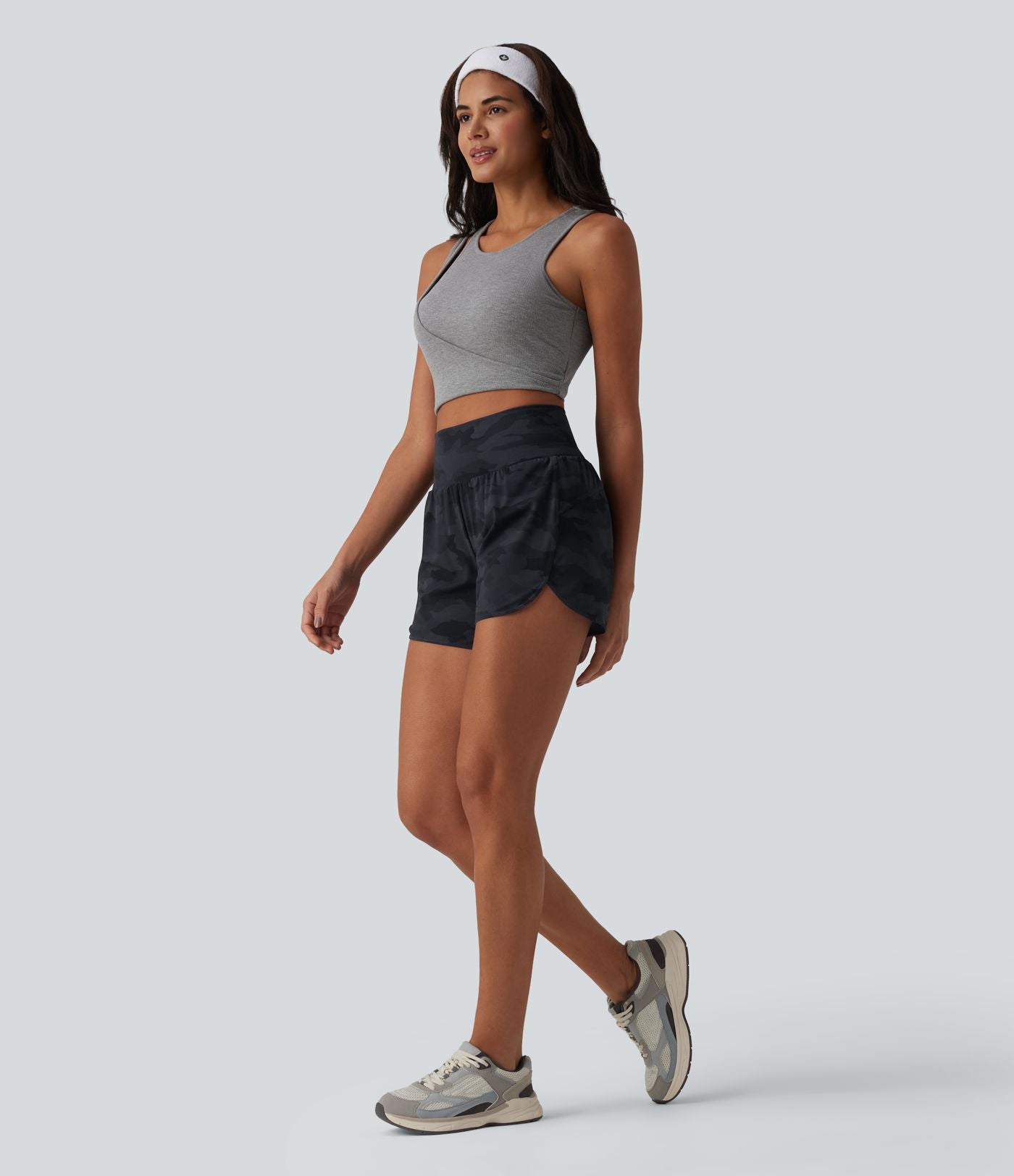 Short de running 2 en 1 Halara UltraSculpt™ gainant imprimé camouflage, taille haute, ourlet incurvé, 10 cm, avec poche