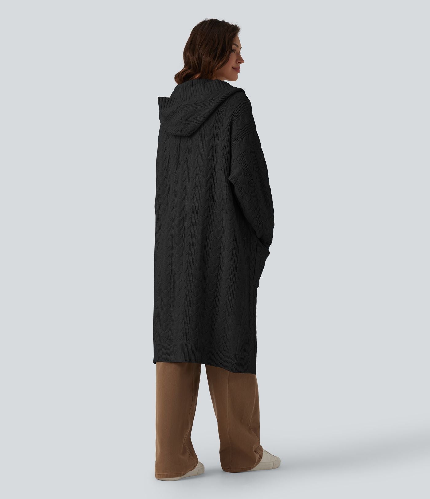 Gilet long casual à capuche manches longues avec poches