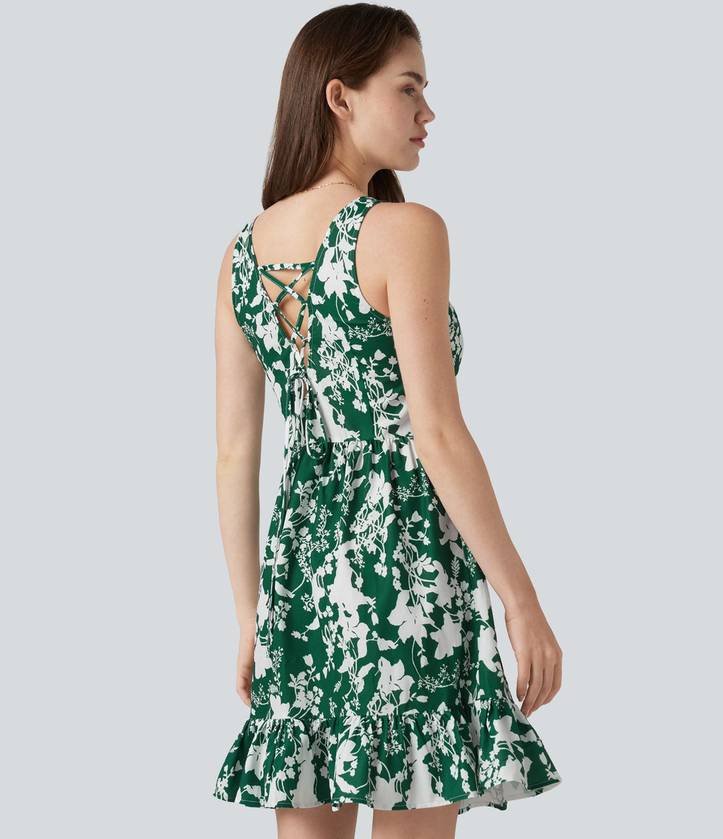 Robe mini sans manches à encolure cœur et laçage imprimé floral
