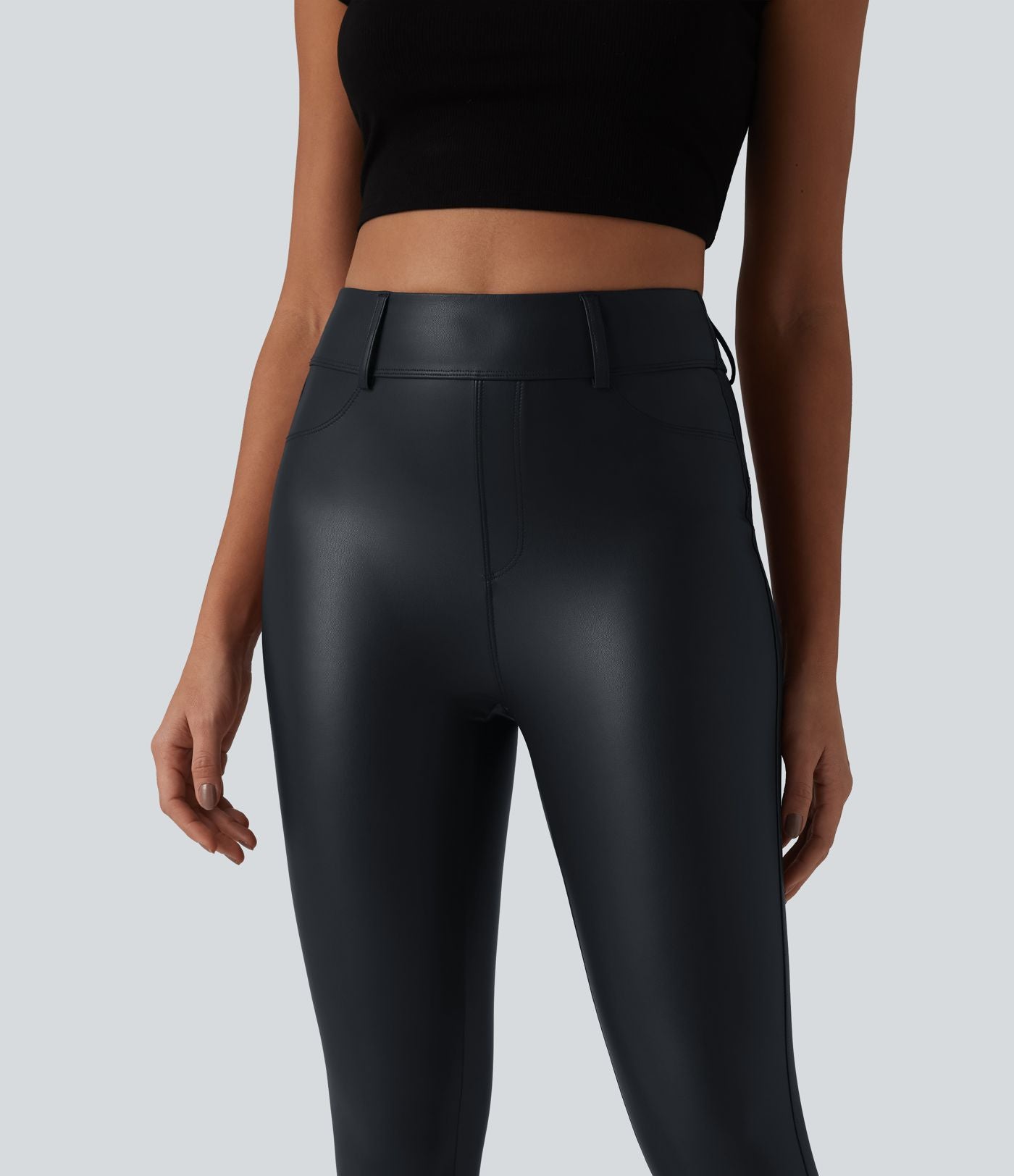 Legging corsaire casual taille haute extensible en simili cuir avec poches