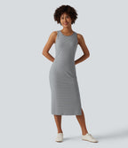 Robe midi moulante casual col rond sans manches à rayures