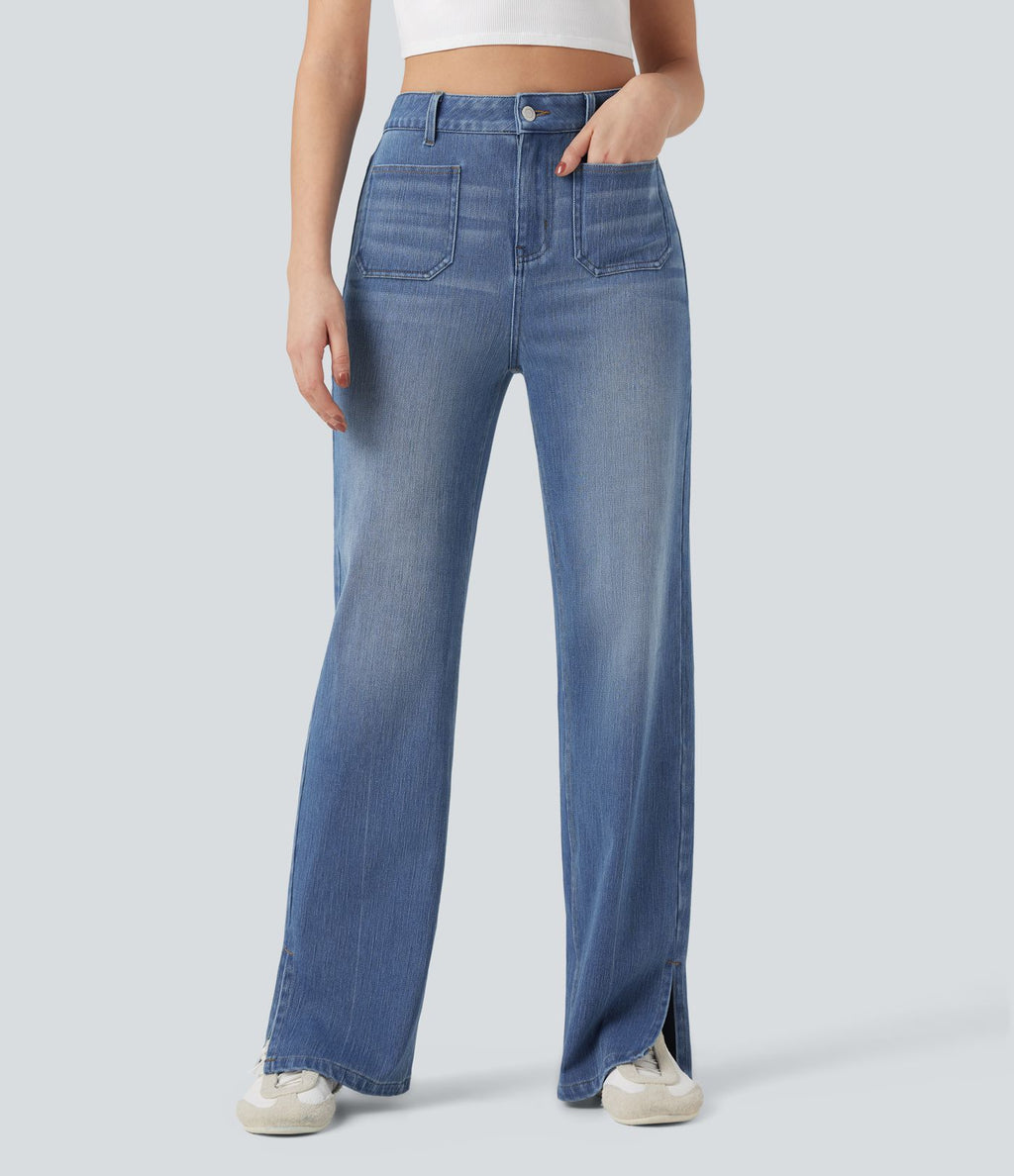 Jean droit délavé Halara Flex™ taille haute avec fente et poches