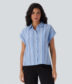 Chemise à col, manches courtes, rayures, boutonnage et aspect lin pour le travail