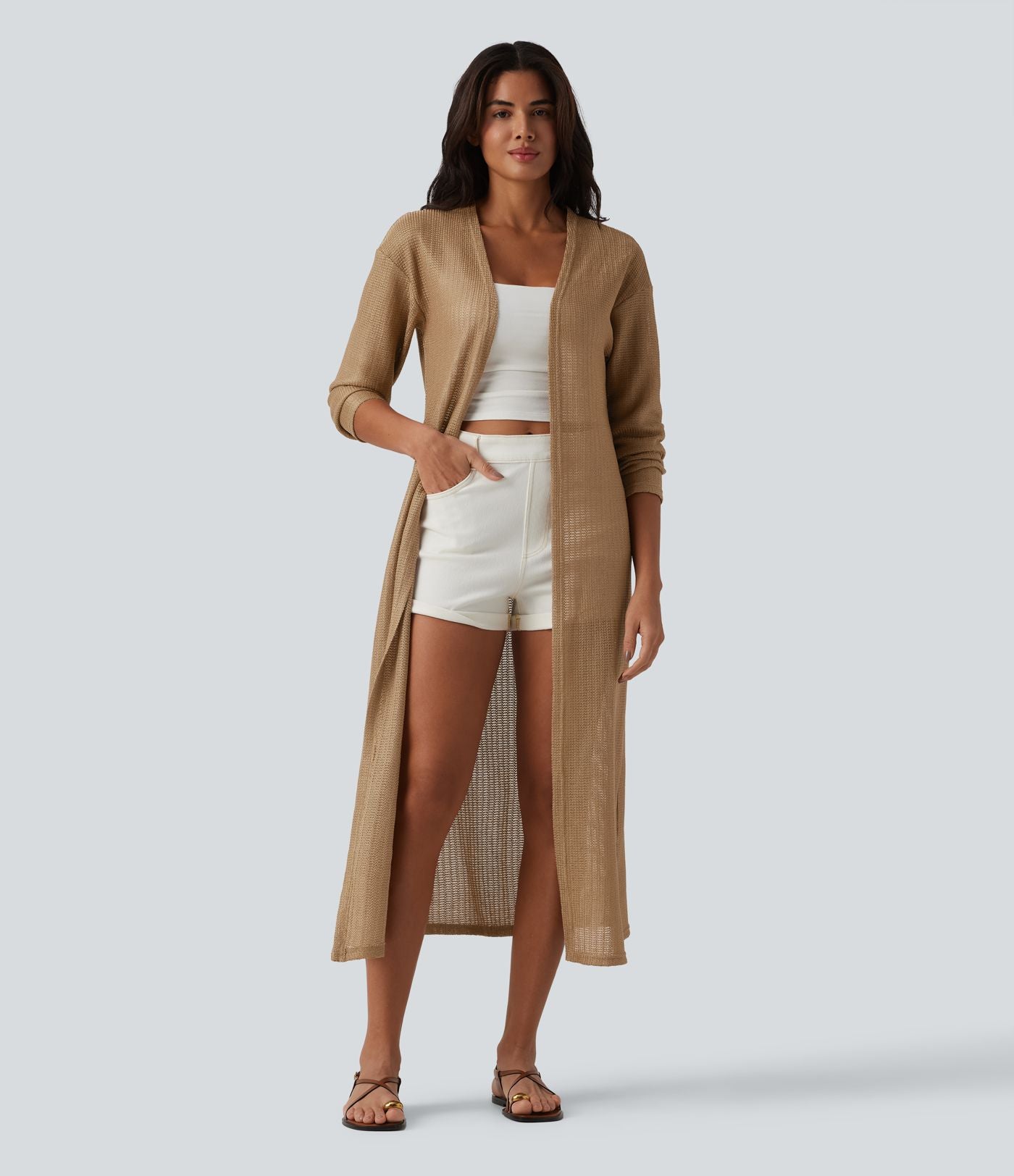 Manteau long casual crochet maille manches longues
