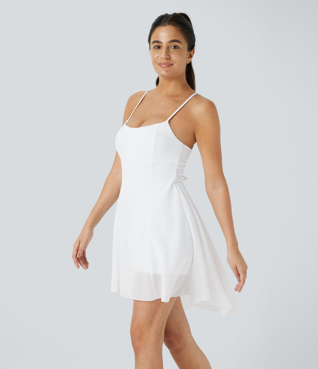 Robe de sport danse mini 2-en-1 laçage asymétrique résille contrastante fluide avec poche A-D