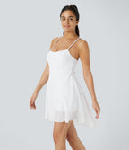 Robe de sport danse mini 2-en-1 laçage asymétrique résille contrastante fluide avec poche A-D