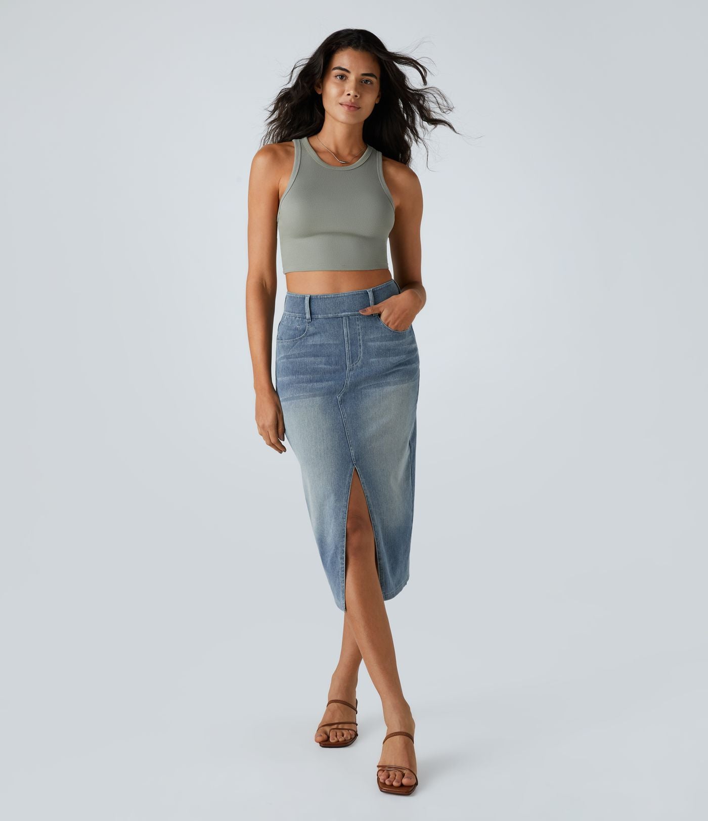 Halara Flex™ Jupe en Jean Casual Mi-Longue Délavé Extensible Plusieurs Poches Taille Haute