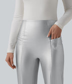 Pantalon similicuir évasé gainant taille haute stretch avec poches
