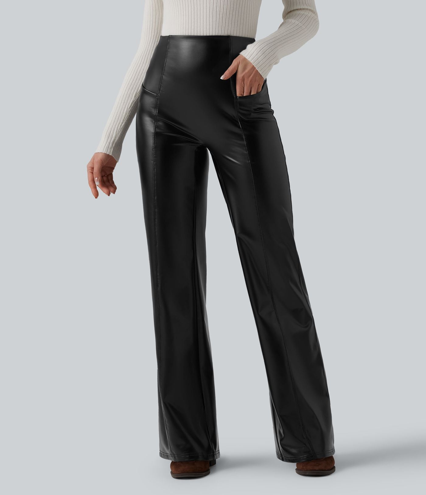 Pantalon similicuir évasé gainant taille haute stretch avec poches