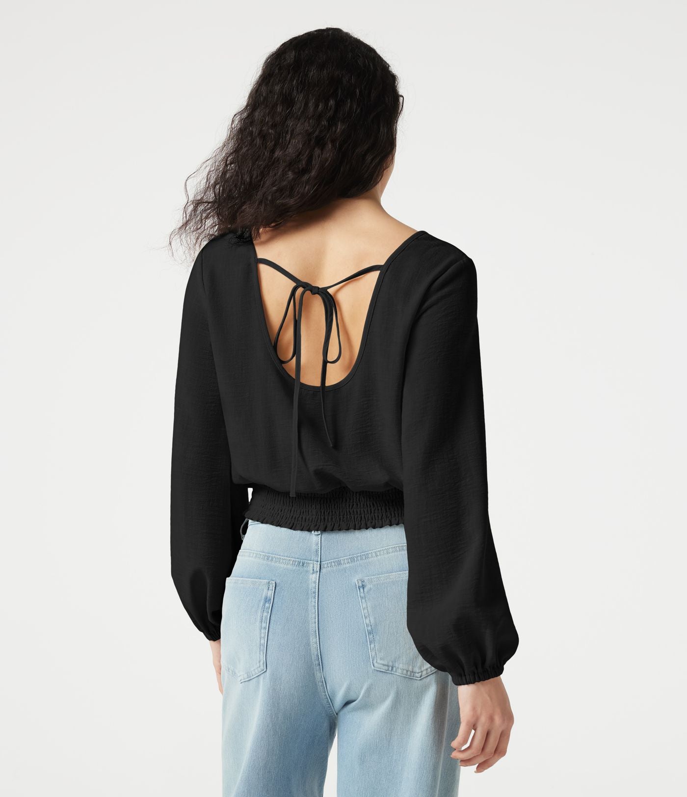 Blouse casual effet lin à col carré, manches bouffantes, lien au dos, empiècement en dentelle et détails froncés