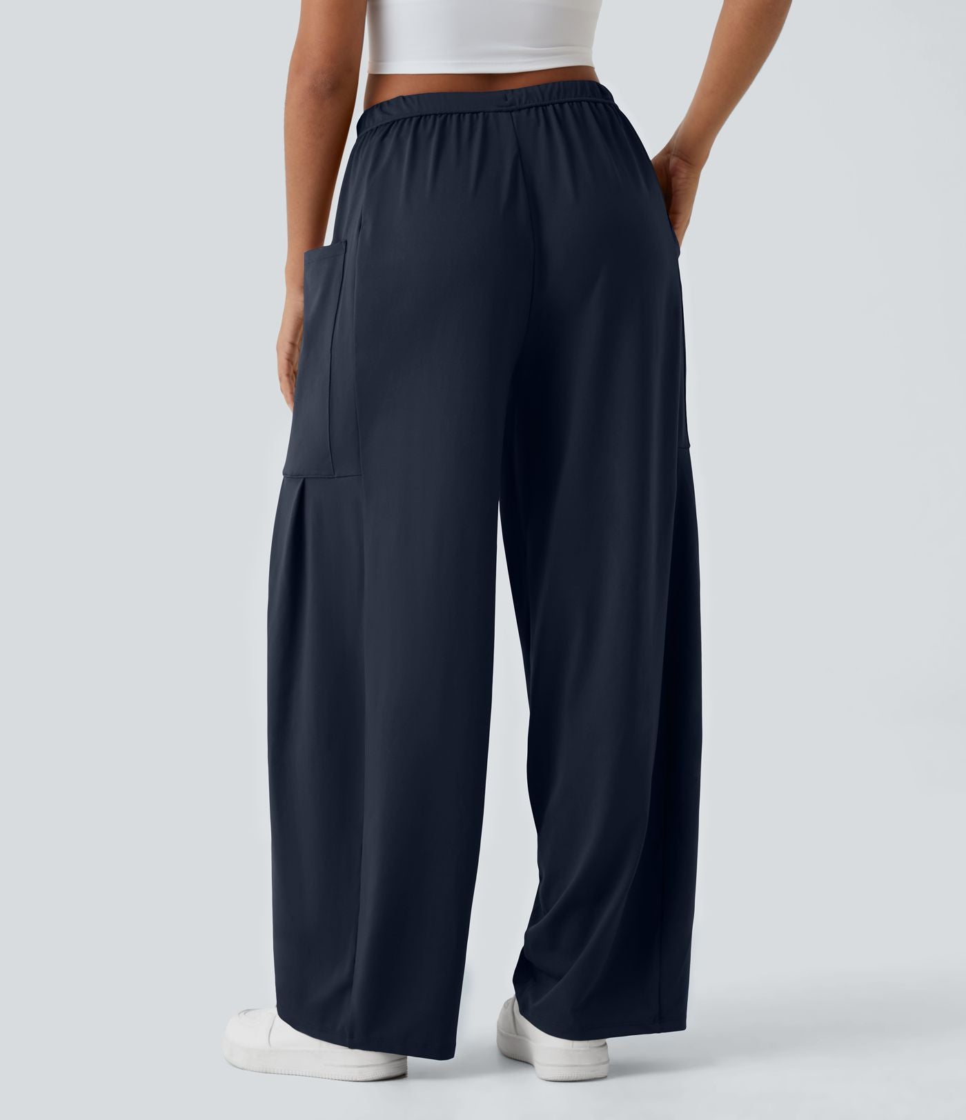 Pantalon Large Fluide Taille Mi-Haute Taille Élastique Cordon Poches Latérales Ourlet Flottant