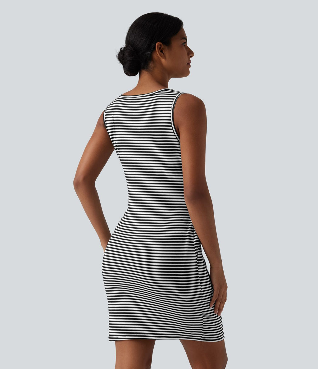 Robe mini décontractée moulante sans manches col rond à rayures avec ceinture et poches