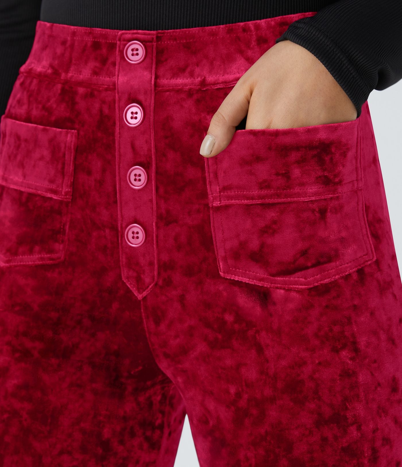 Pantalon en Velours Taille Haute avec Bouton Multipoches Droites