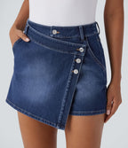 Halara Flex™ Short décontracté en jean extensible effet délavé à taille haute avec poches multiples et détail enveloppant