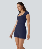 Combinaison de yoga Softlyzero™ Airy avec col U, manches courtes et poches latérales - Édition Easy Peasy