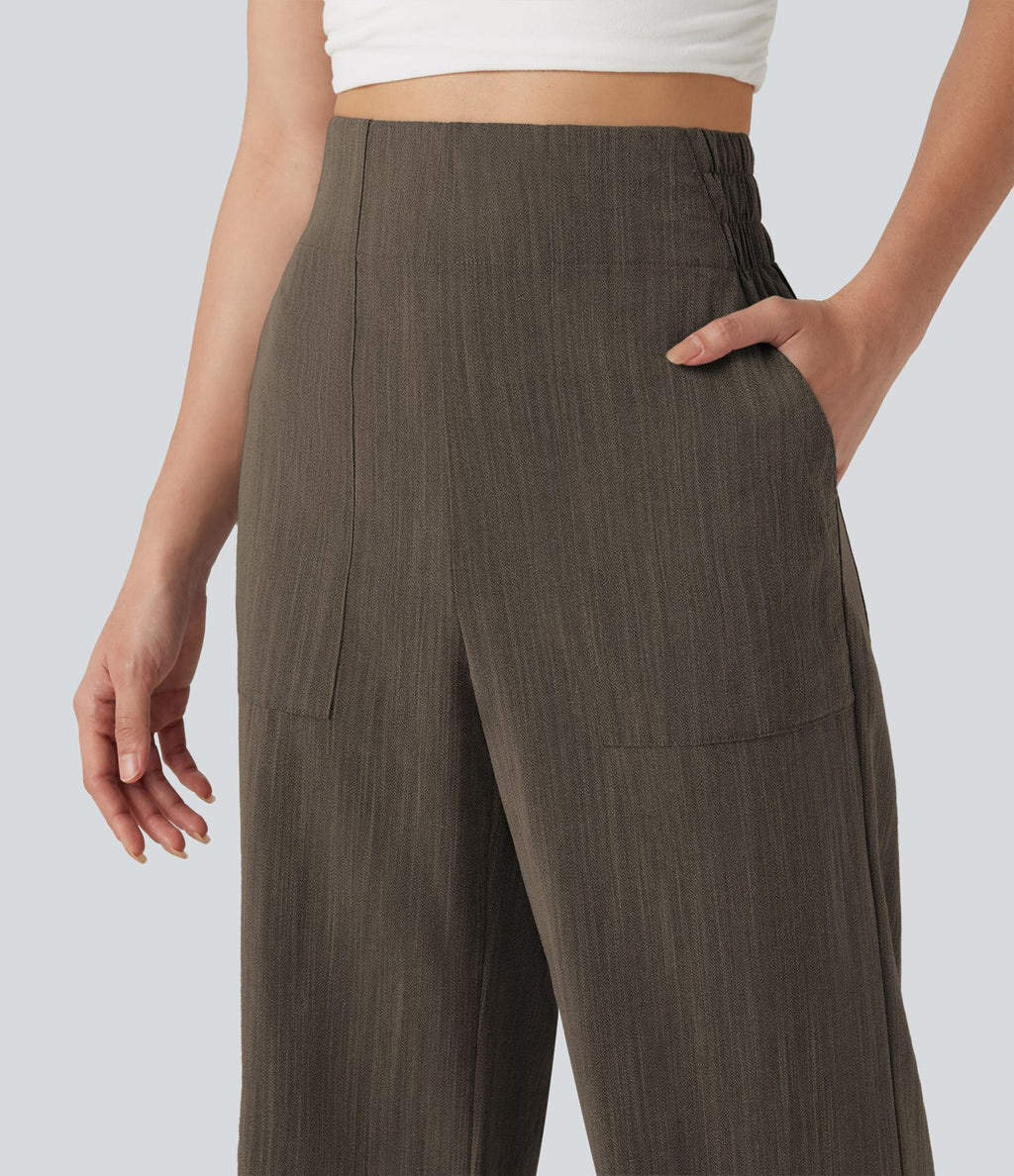 Pantalon flare taille haute effet lin avec poches