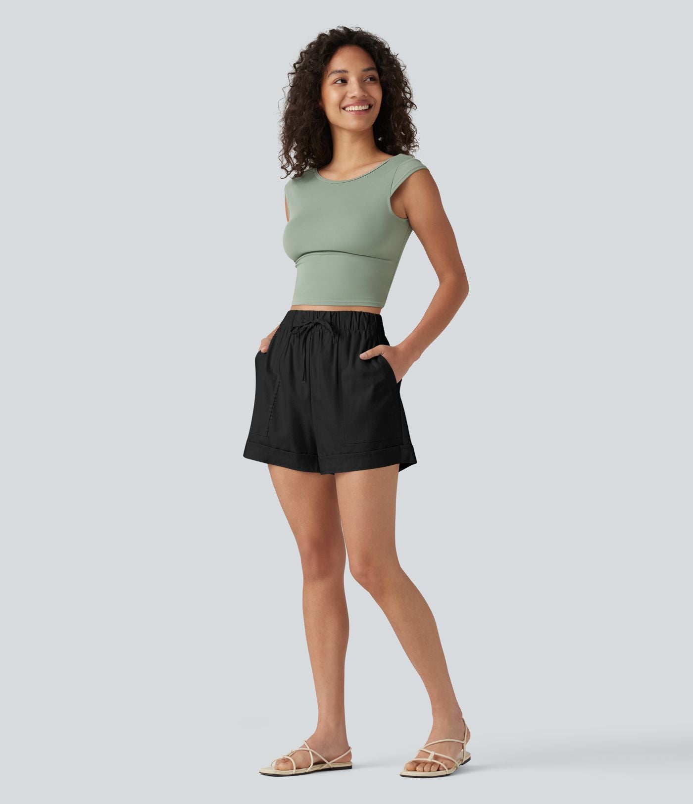 Short ample décontracté taille haute en coton et lin, cordon de serrage, ourlet retroussé et poches