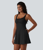 Robe mini casual sans manches à col U, volants, fronces et soutien-gorge intégré avec poches