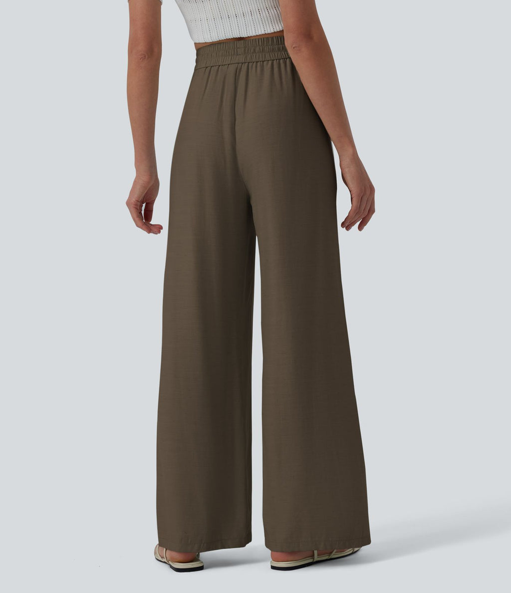Pantalon casual large mélange lin taille haute avec cordon de serrage et poches