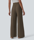 Pantalon casual large mélange lin taille haute avec cordon de serrage et poches
