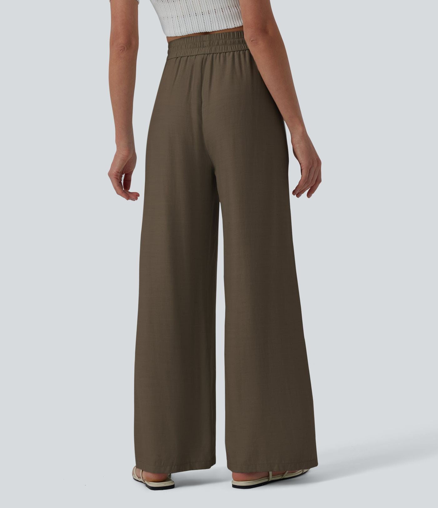 Pantalon casual large mélange lin taille haute avec cordon de serrage et poches