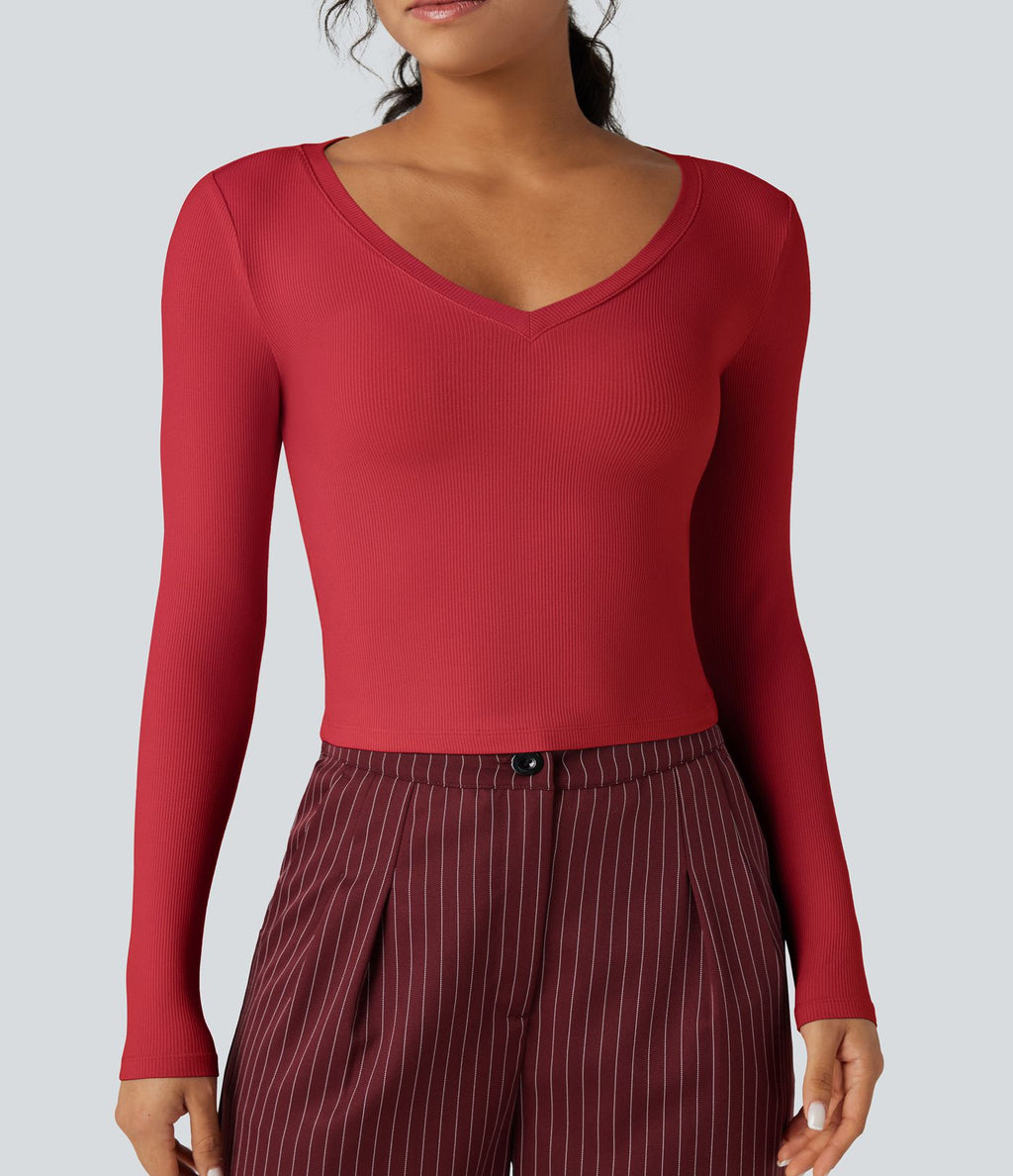 T-shirt tailleur côtelé court col V manches longues