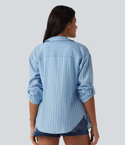 Chemise casual à rayures aspect lin col V manches longues retroussables et ourlet arrondi
