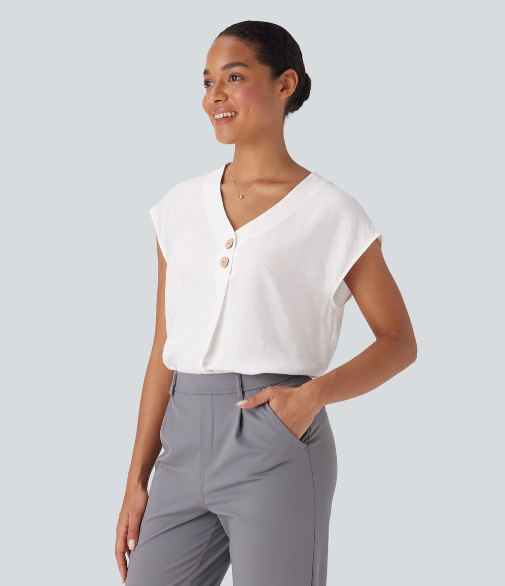 Blouse de Travail Col V Manches Courtes avec Boutons Décoratifs