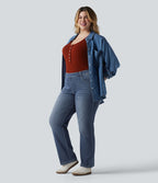 Jean décontracté Halara Flex™ grande taille, taille haute, multiples poches, jambes droites, effet délavé, en maille extensible