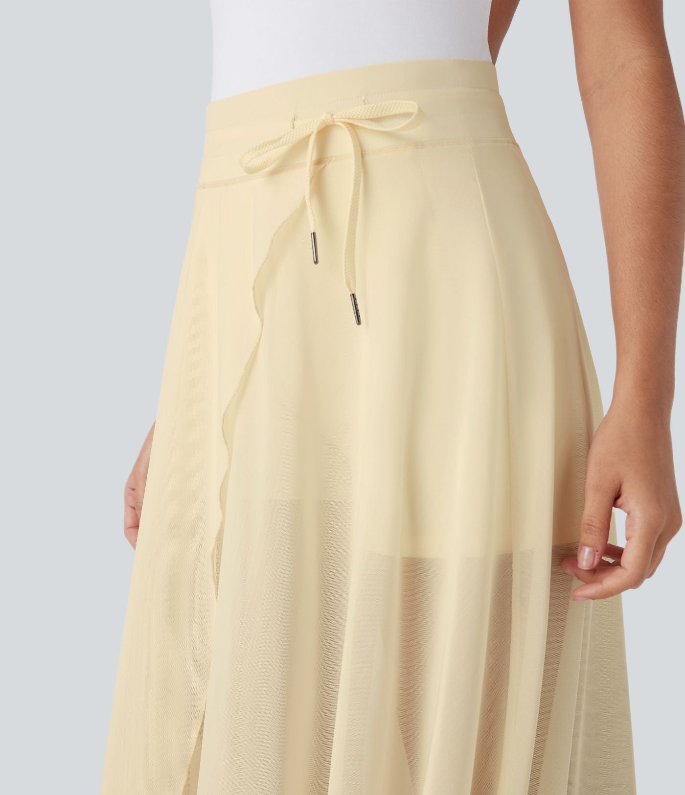 Jupe Casual Évasée Mesh Mi-Longue Fuide 2 en 1 Contrastée Taille Haute Cordon Poche Latérale