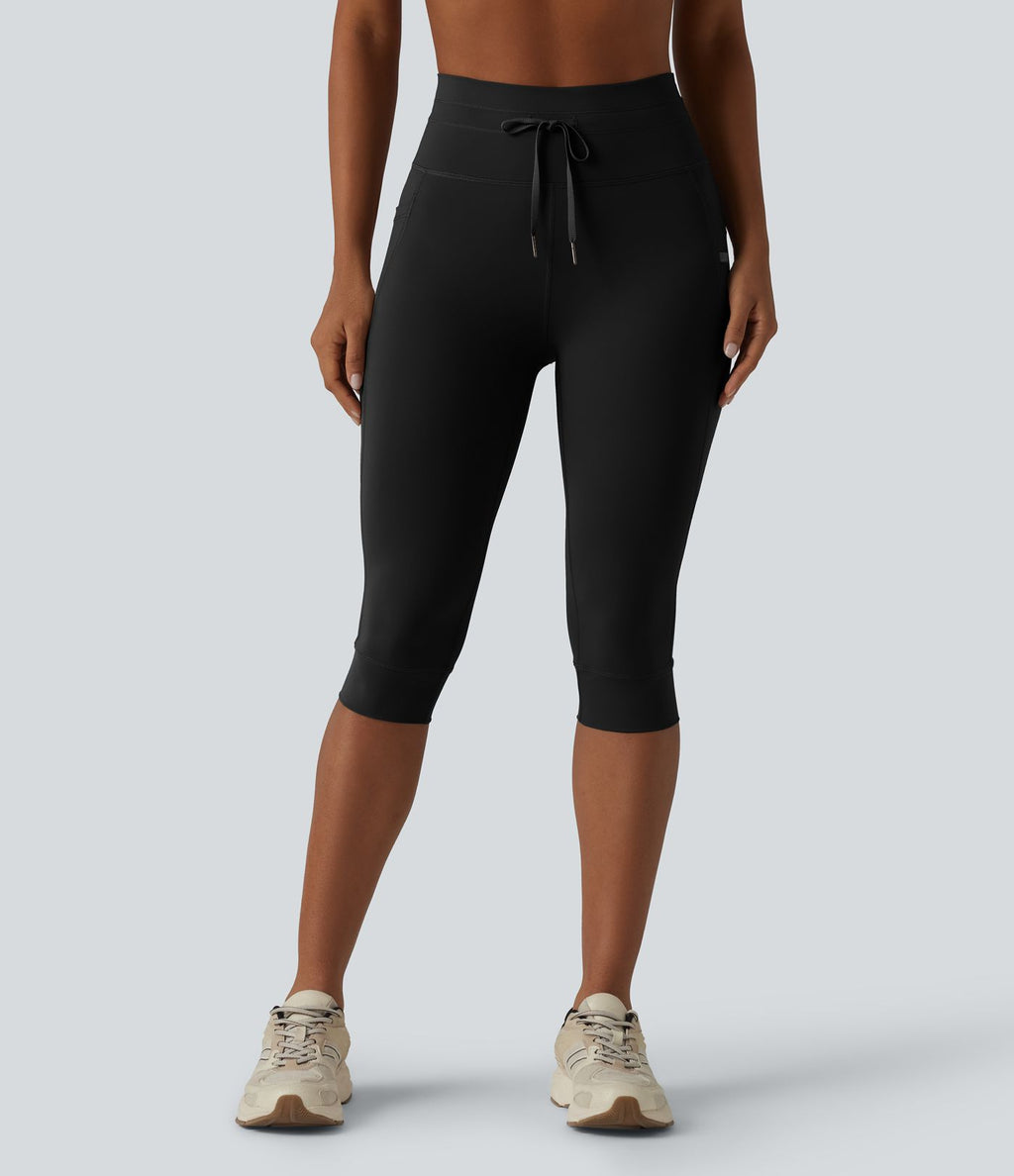 Legging yoga uni corsaire taille haute avec cordon de serrage et poches