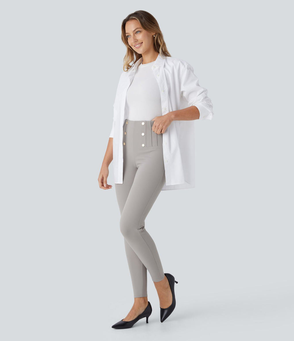 Pantalon tailleur skinny gainant taille haute à chevrons avec poches arrière zippées décoratives