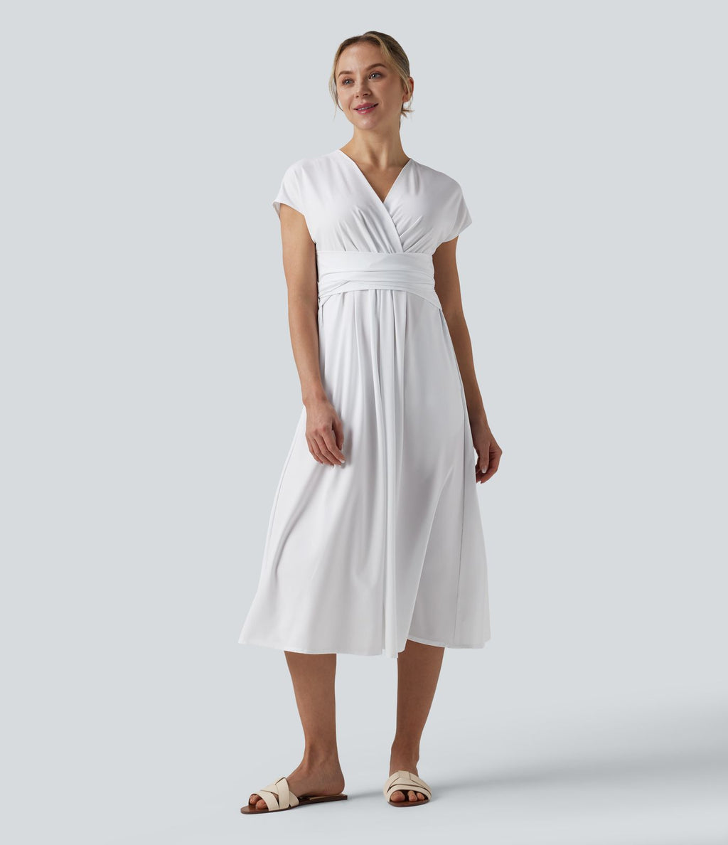 Robe midi Breezeful™ col V manches courtes à liens dans le dos séchage rapide avec poches latérales