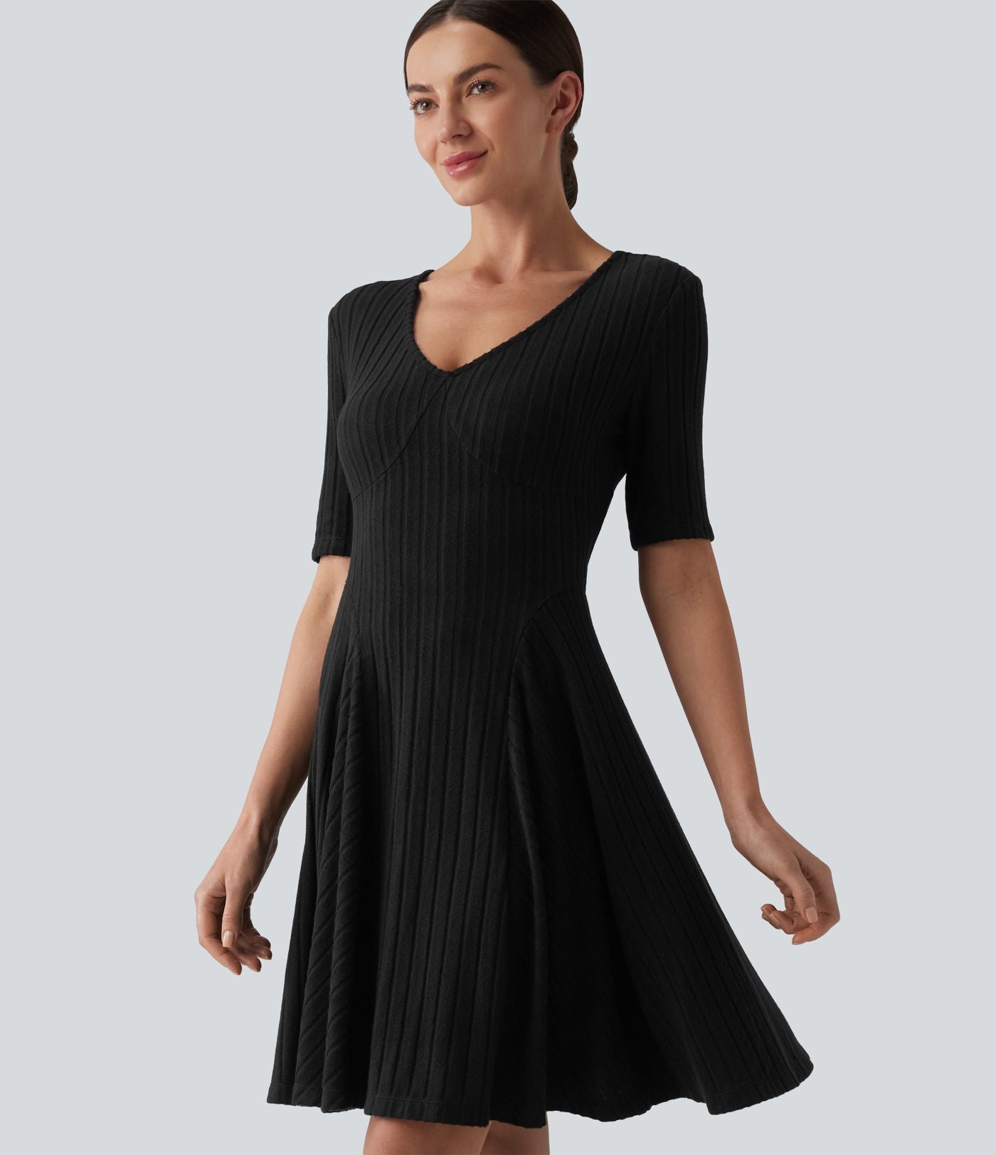 Robe mini casual évasée col V manches courtes en maille côtelée