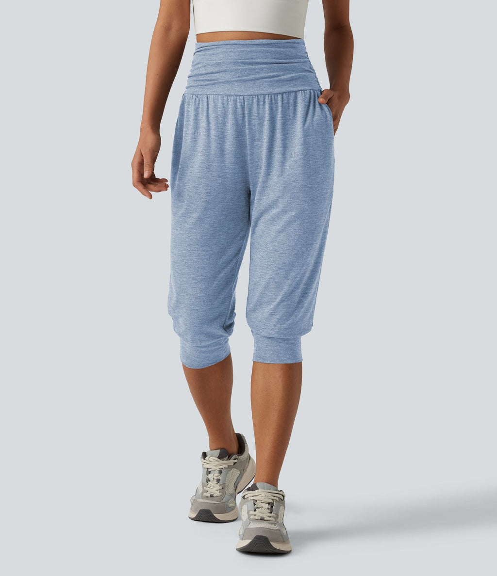 Jogging yoga corsaire chiné taille haute à fronces avec poches