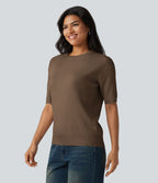 Pull col rond manches courtes en tissu gaufré