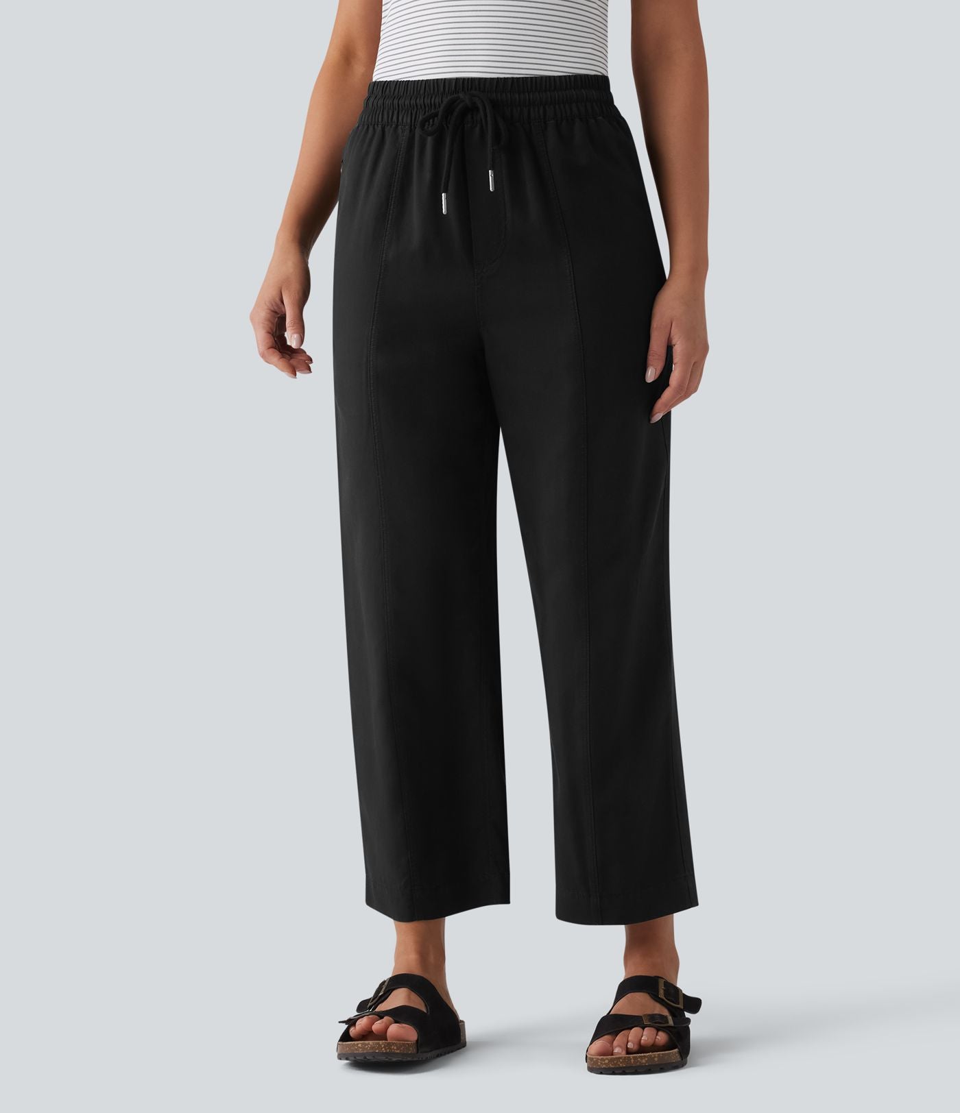 Pantalon casual fuselé en lin drapé taille haute avec cordon de serrage et poches