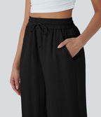 Pantalon décontracté aspect lin 7/8 à taille haute, jambe large avec cordon de serrage et poches latérales