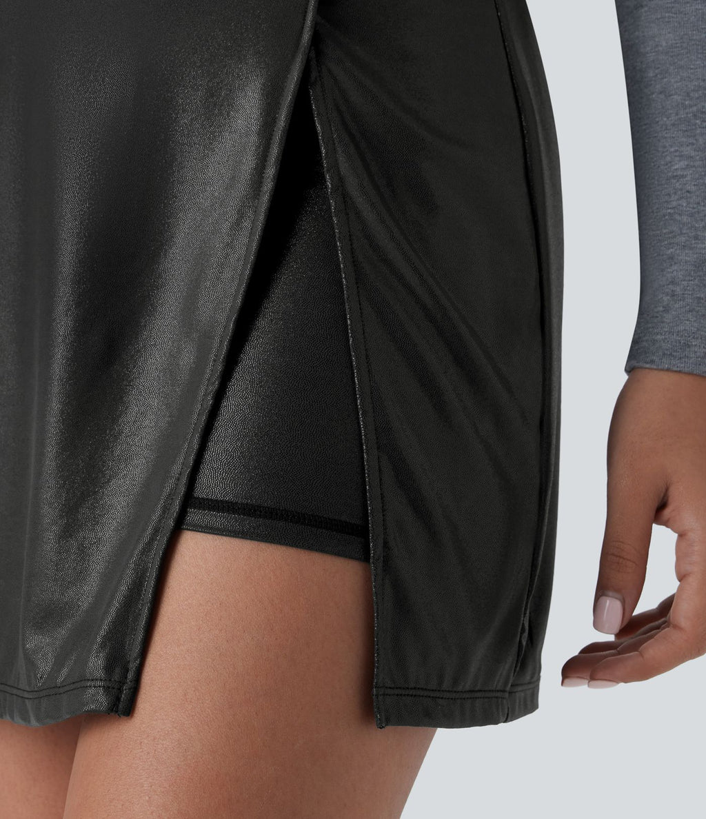 Softlyzero™ Jupe Soirée Mini à Effet Cuir Taille Haute Ourlet Fendu 2-en-1 Poche Côté Imprimé Métallisé Élastique Moulante