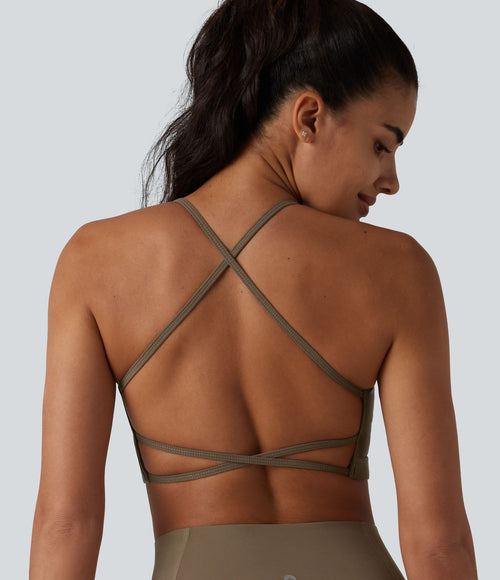 Brassière de sport de yoga en maille côtelée maintien léger dos croisé dos nu avec soutien-gorge intégré