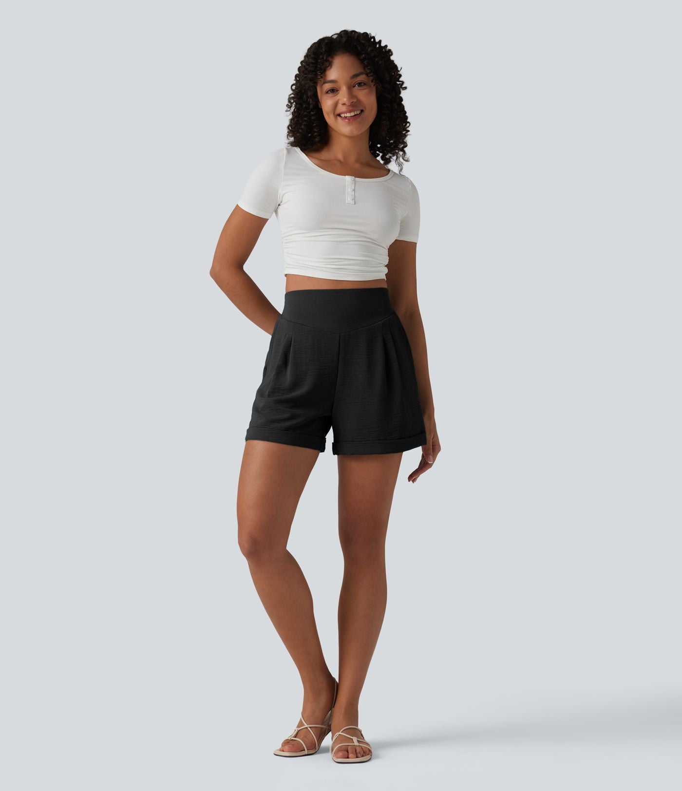 Short détente effet lin taille haute, entrejambe 10cm avec poches
