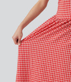 Robe midi décontractée à carreaux vichy, col bateau, sans manches, avec poches