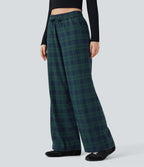 Pantalon baggy taille haute imprimé carreaux avec poches