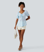 Blouse décontractée col V manches courtes bouffantes lacée ajourée
